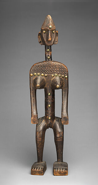 Nyeleni figure, Bamana numuw (blacksmith), Wood, brass, thread, Bamana peoples 