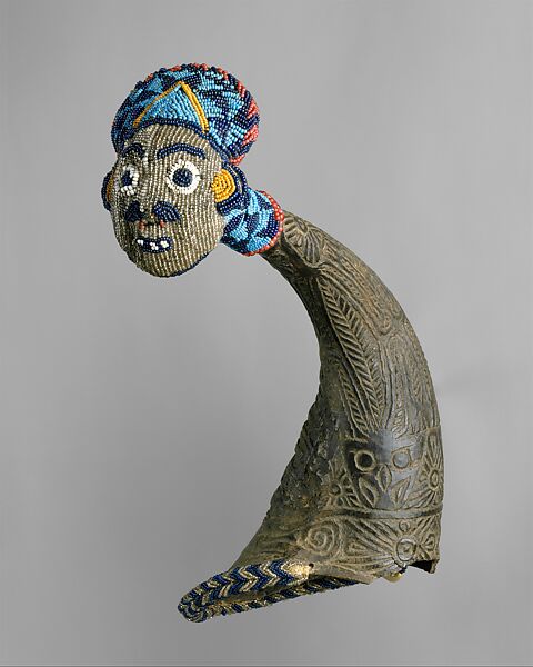 Ceremonial Drinking Horn, Horn, glass beads, fiber and cotton cloth, Bamum kingdom 