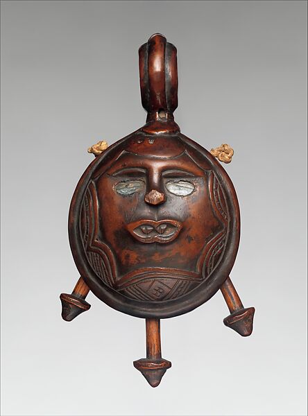 Rattle: Face, Wood, fiber twine, glass, Kongo peoples 