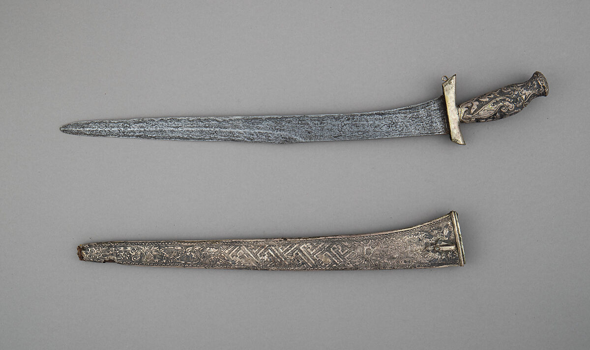 Kris with Sheath, Steel, wood, silver, paste jewels, Javanese
