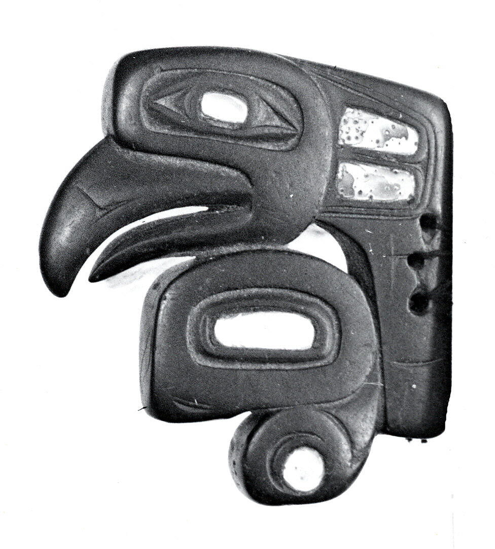 Bird Head Ornament, Argillite, shell, Haida