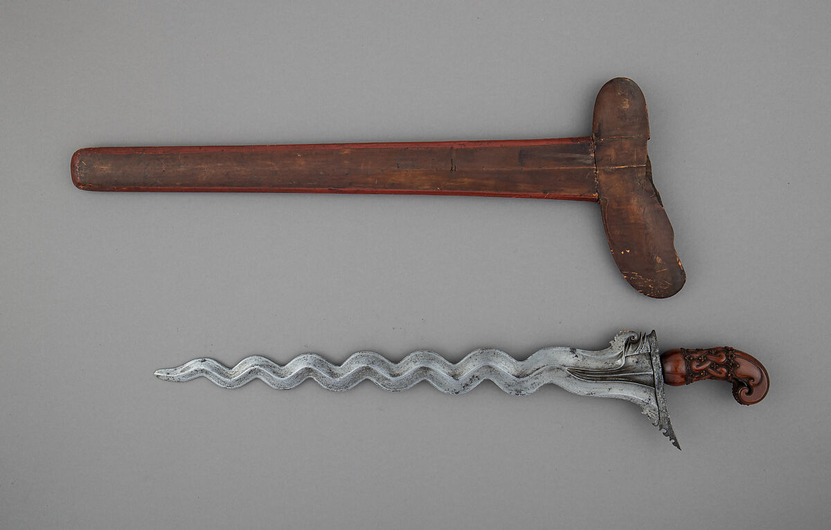 Kris (Kris Cherita) with Sheath, Steel, wood, pigment, Balinese, grip, possibly Javanese or Madurese