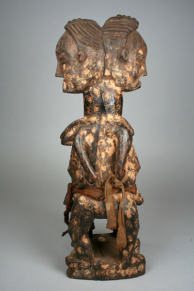 Figure: Janus Couple (Nzambu), Wood, pigment, brass, cloth, wire, Yaka peoples 