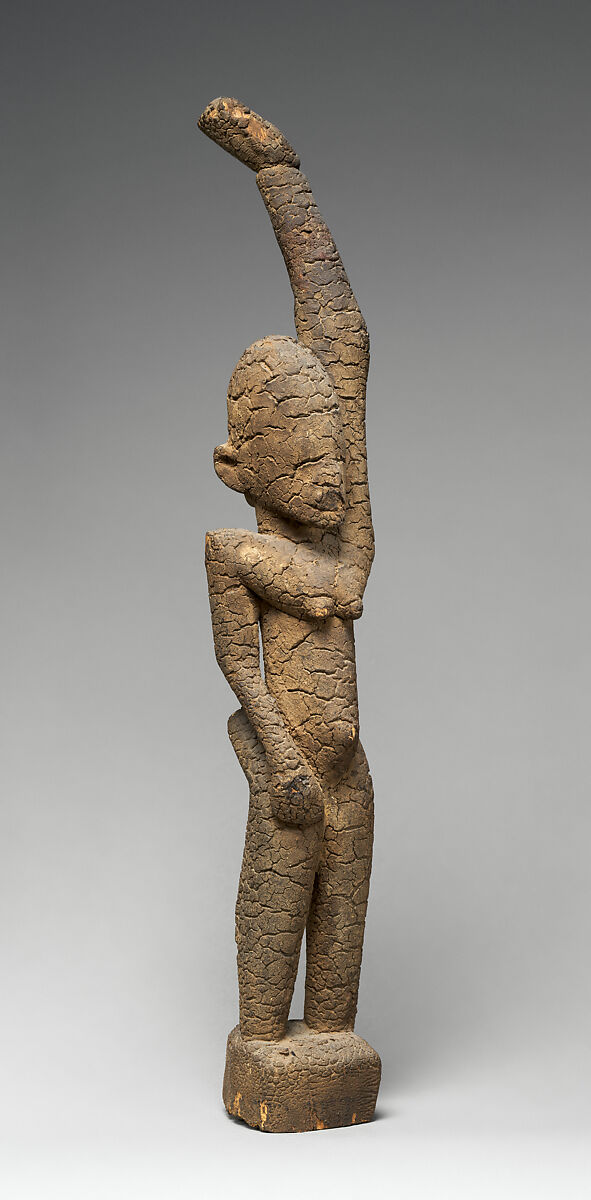 Female Figure with Raised Arm, Wood (Ficus or Moraceae), organic materials, Tellem civilization (?)