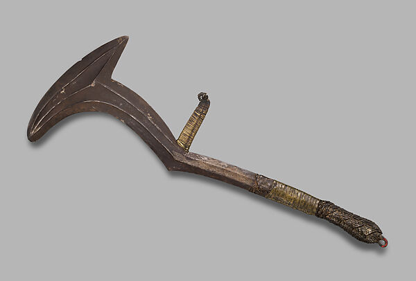 Throwing Knife, Iron, brass, copper (?), leather, pigment, Sangha River region (?) 