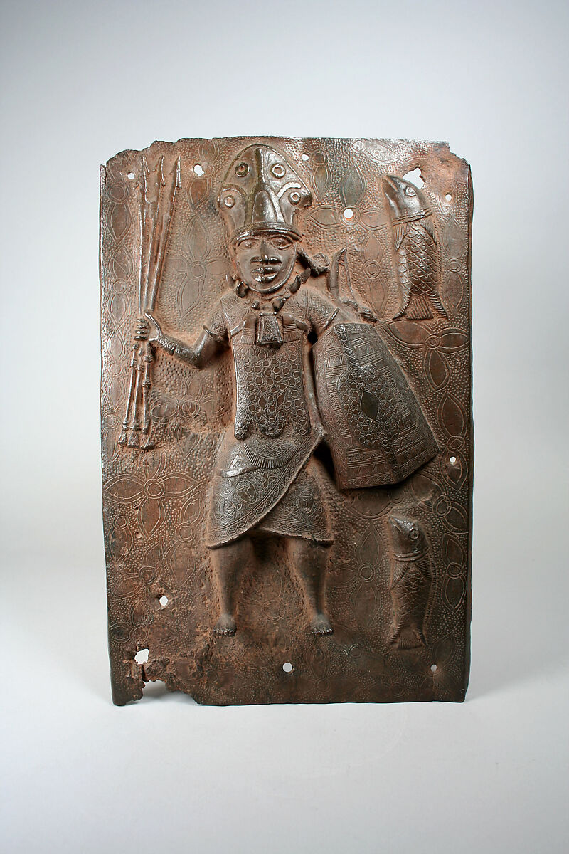 Plaque: Warrior and Fish, Brass, Edo peoples 