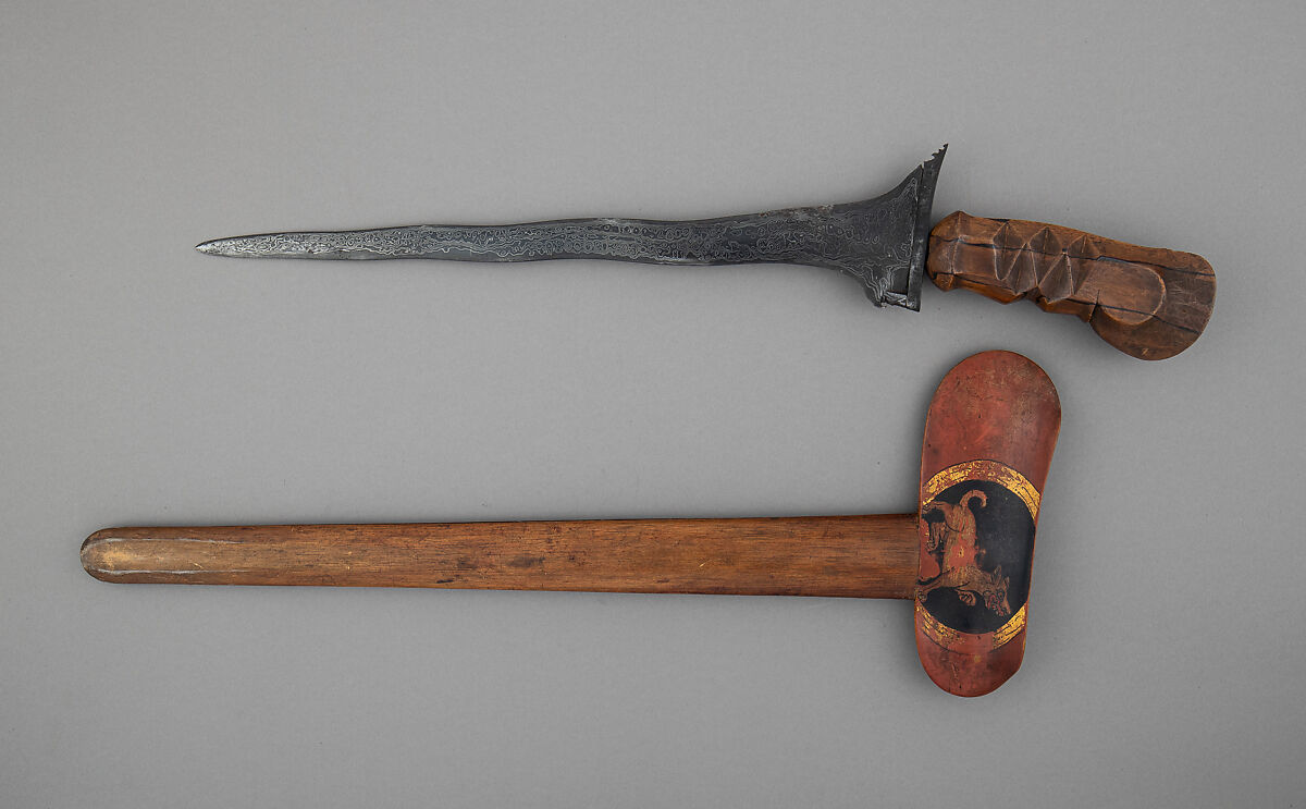 Kris with Sheath, Steel, pelet wood (possible kajoe), polychromy, Balinese
