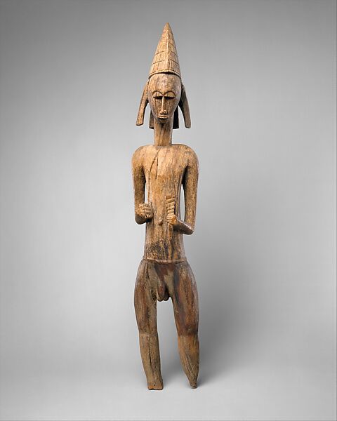 Male Figure Holding Animal Horn, Wood, Bamana peoples 