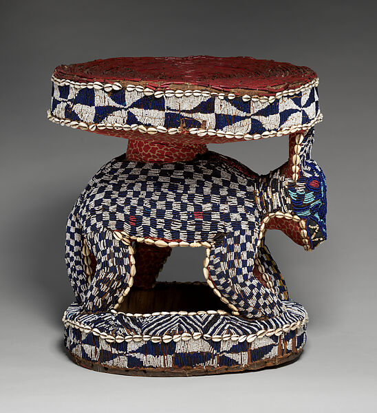 Prestige Stool: Leopard, Wood, glass beads, cowrie shells, burlap, printed cotton cloth, Bamileke or Bamum