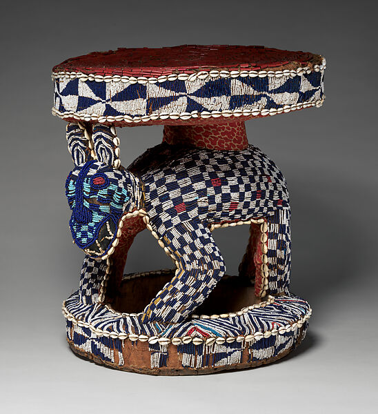 Prestige Stool: Leopard, Wood, glass beads, cowrie shells, burlap, printed cotton cloth, Bamileke or Bamum