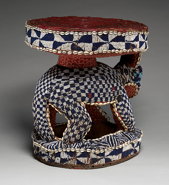 Prestige Stool: Leopard, Wood, glass beads, cowrie shells, burlap, printed cotton cloth, Bamileke or Bamum