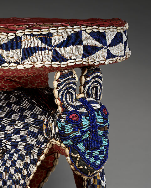 Prestige Stool: Leopard, Wood, glass beads, cowrie shells, burlap, printed cotton cloth, Bamileke or Bamum