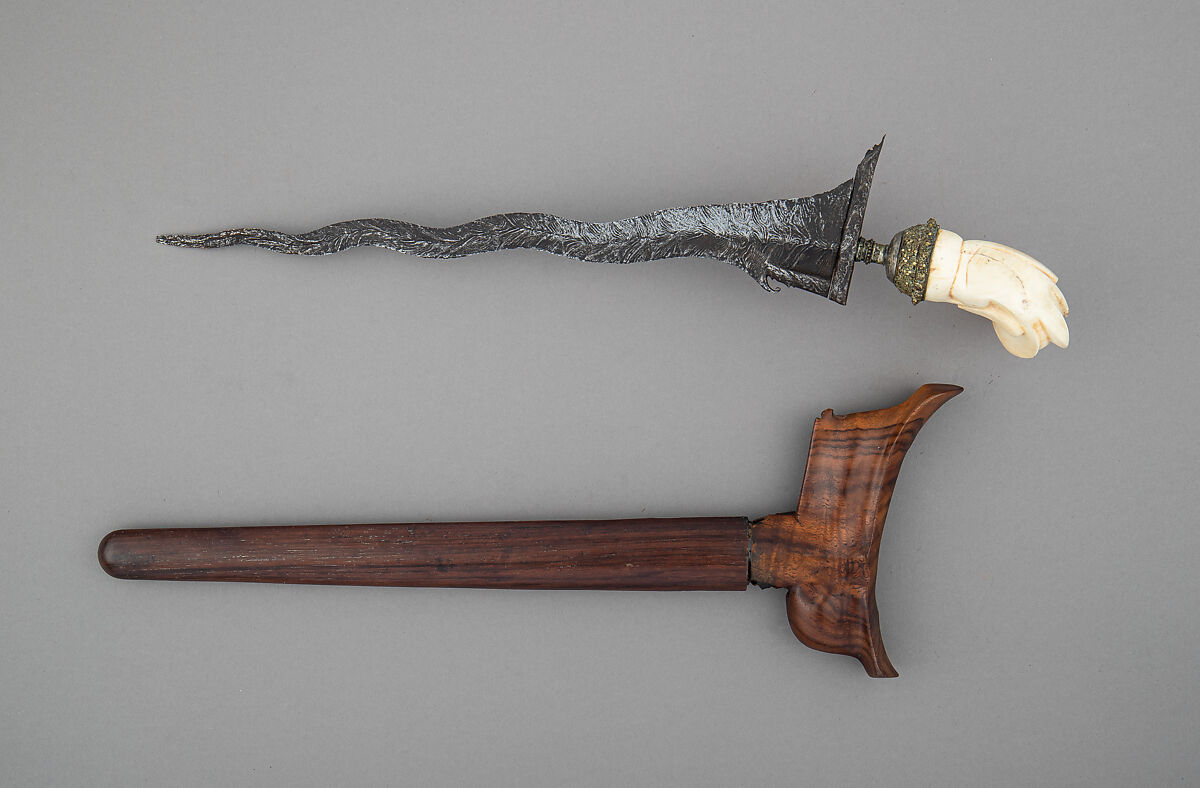 Kris with Sheath, Steel, clam shell, wood, silver, Sumatran, Sumatera Selatan