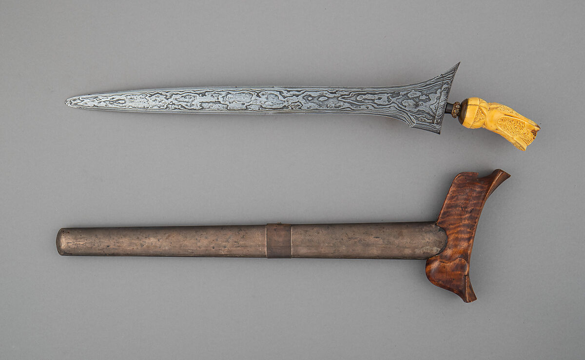 Kris with Sheath, Steel, ivory, wood, copper, silver, semiprecious stones, Sumatran, Sumatera Selatan
