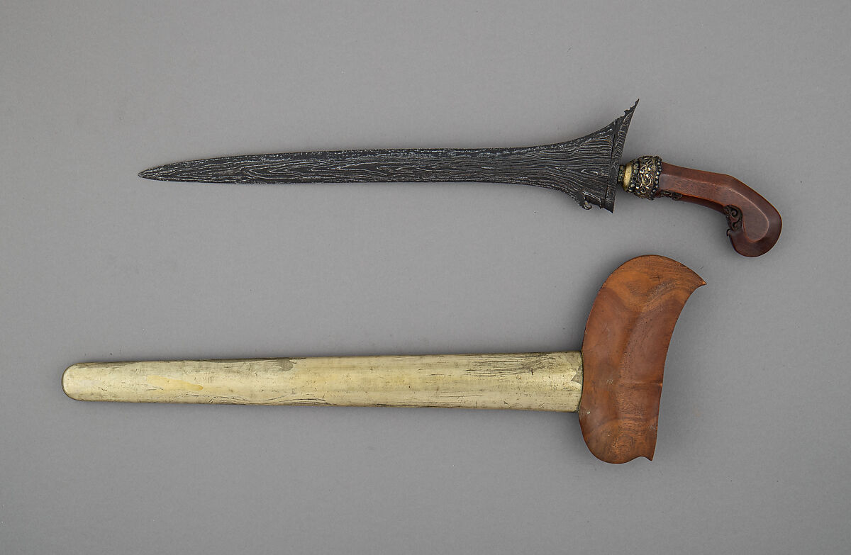Kris with Sheath, Steel, wood, silver, brass, semiprecious stones, Javanese