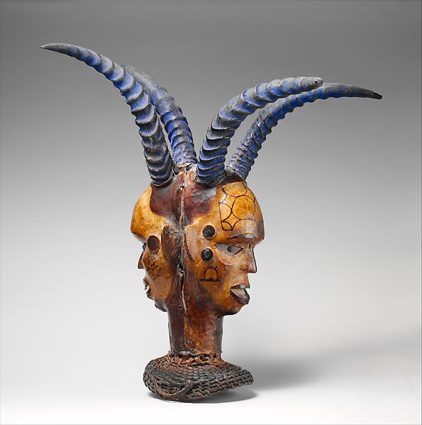 Headdress: Janus, Wood, hide, pigment, cane, horn, nails, Ejagham or Bale peoples 