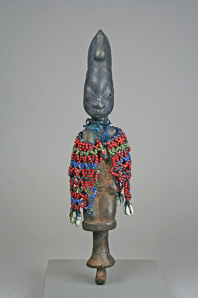 Esu Staff (Ogo Elegba), Wood, beads, cowrie shells, string, cotton, indigo, Yoruba peoples, Oyo group 