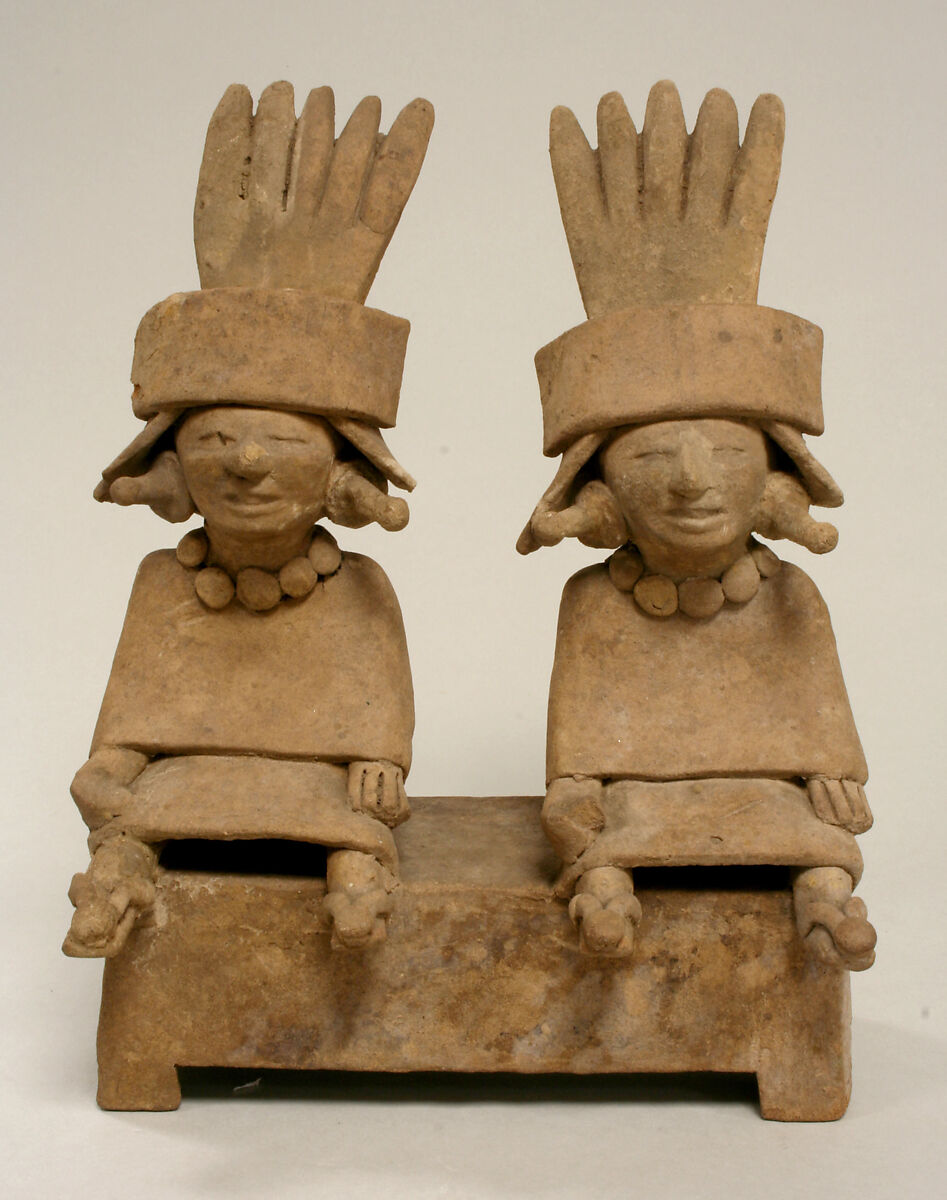Two Ceramic Figures Seated on a Bench, Ceramic, Remojadas 