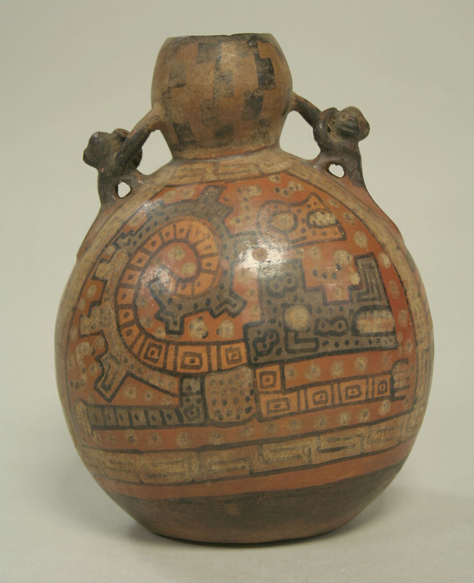 Bottle, Monkey Handles, Ceramic, pigment, Wari 