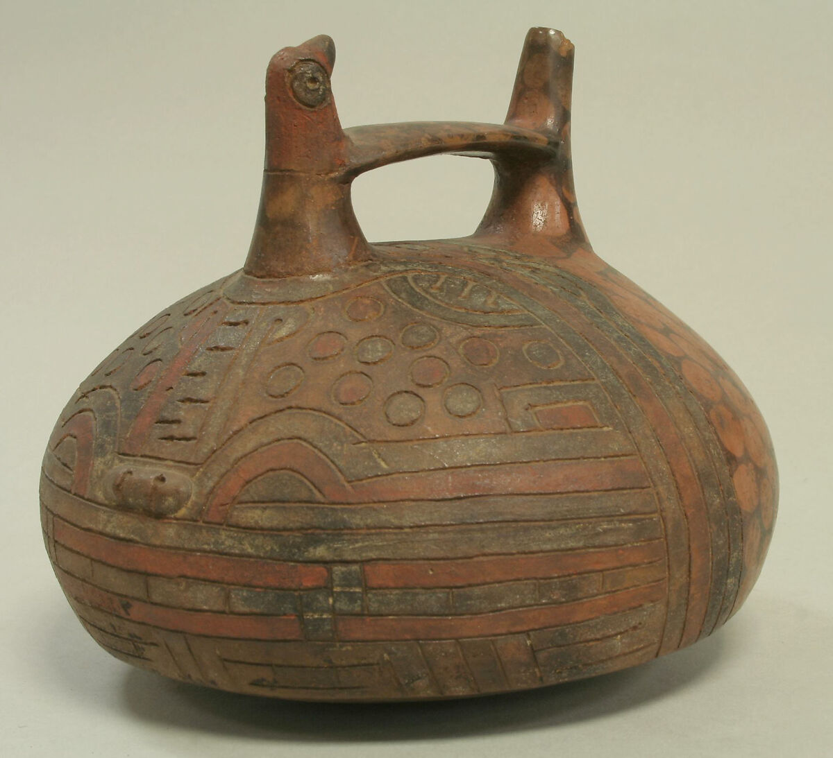 Double Spout and Bridge Bottle with Bird Handle, Ceramic, pigment, Paracas 