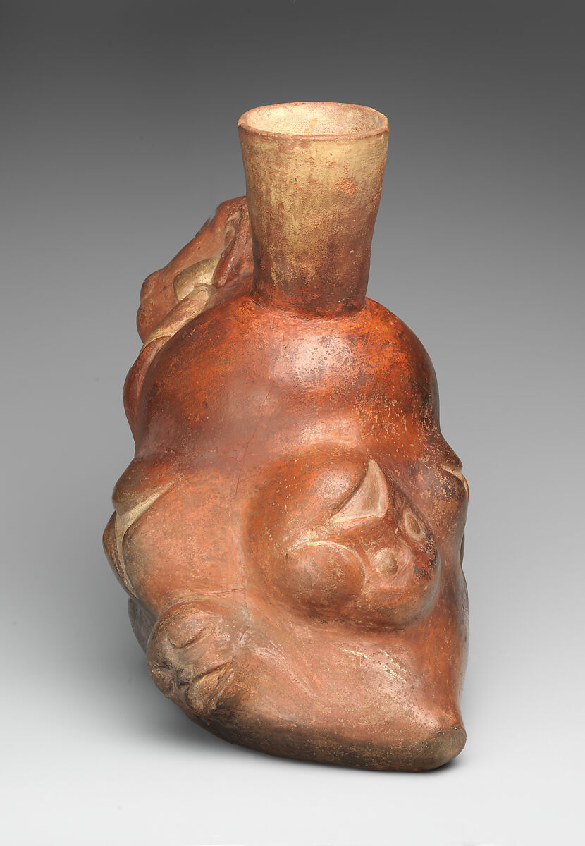 Tuber-inspired stirrup-spout bottle with monkeys, Moche artist(s), Ceramic, slip, Moche