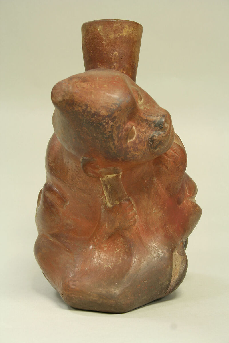 Tuber-inspired stirrup-spout bottle with monkeys, Moche artist(s), Ceramic, slip, Moche