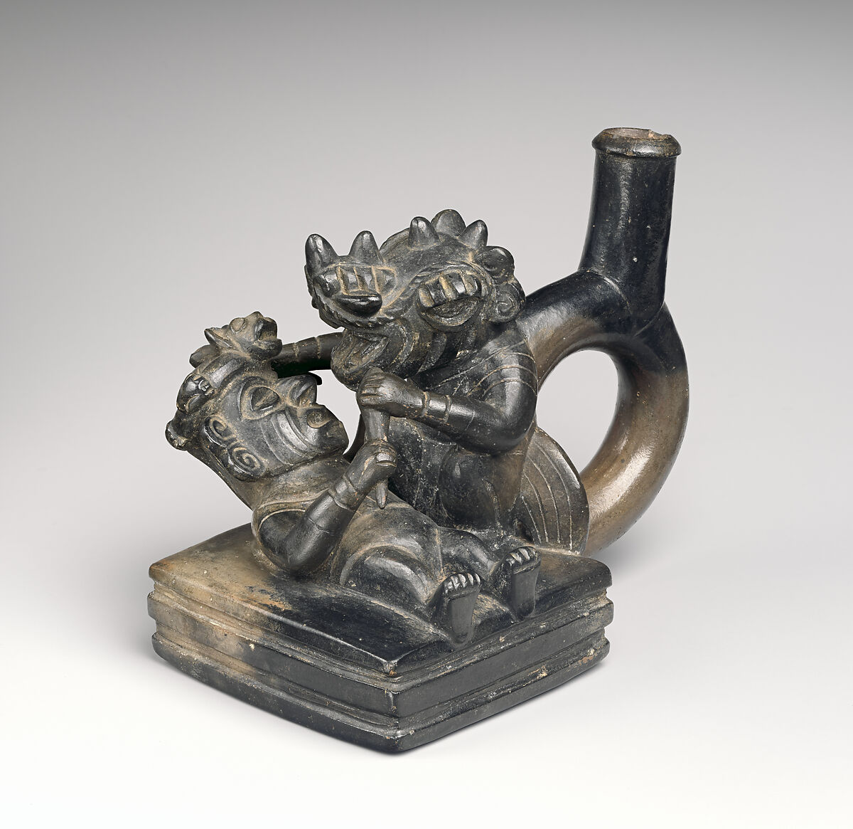 Stirrup-spout bottle with combat scene, Moche artist, Ceramic, Moche 