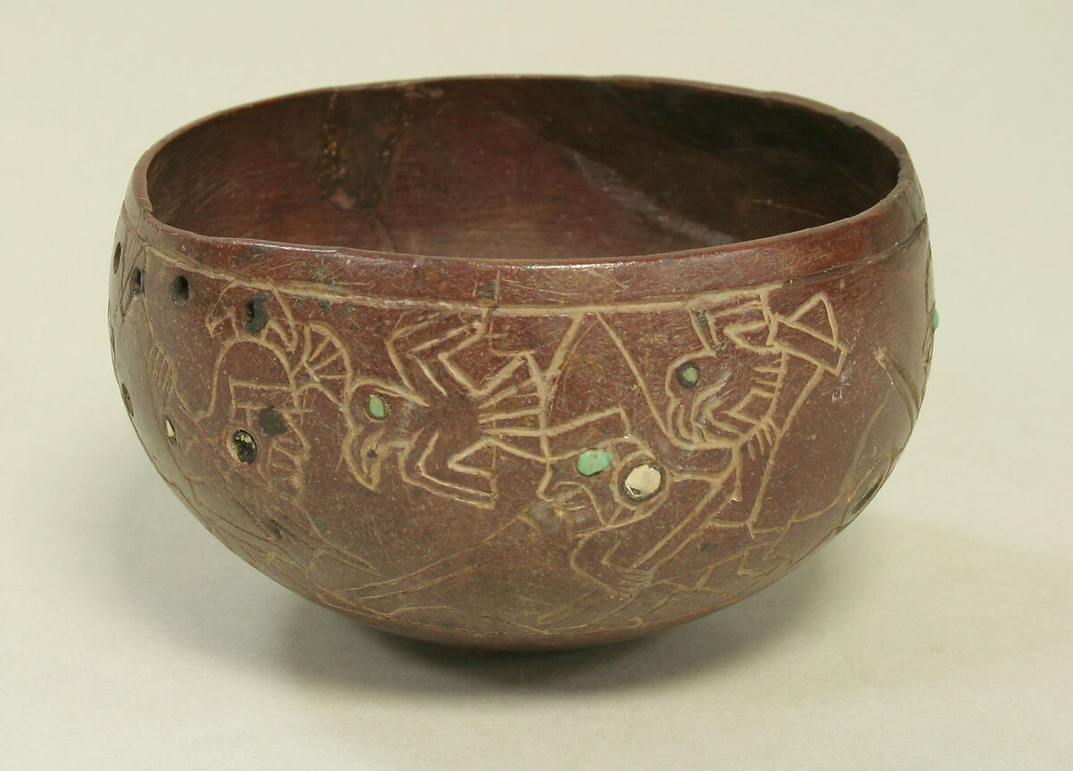 Stone Bowl with Inlays, Stone, mother-of-pearl, turquoise, Moche 