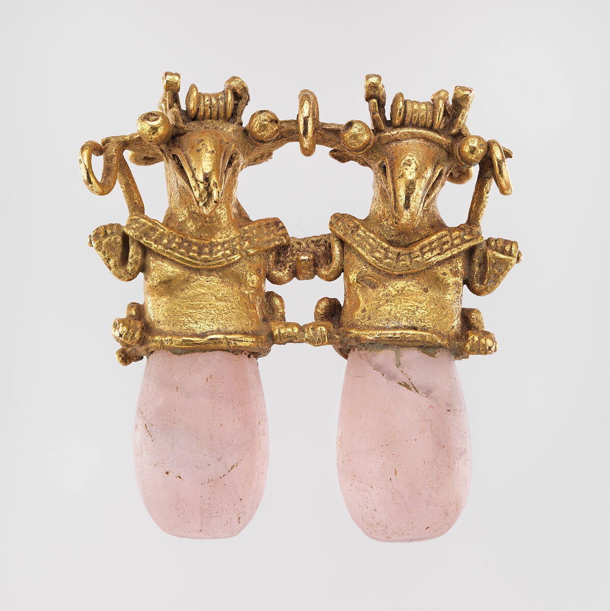 Double Bird Pendant, Gold, rose quartz, Coclé (Macaracas) 