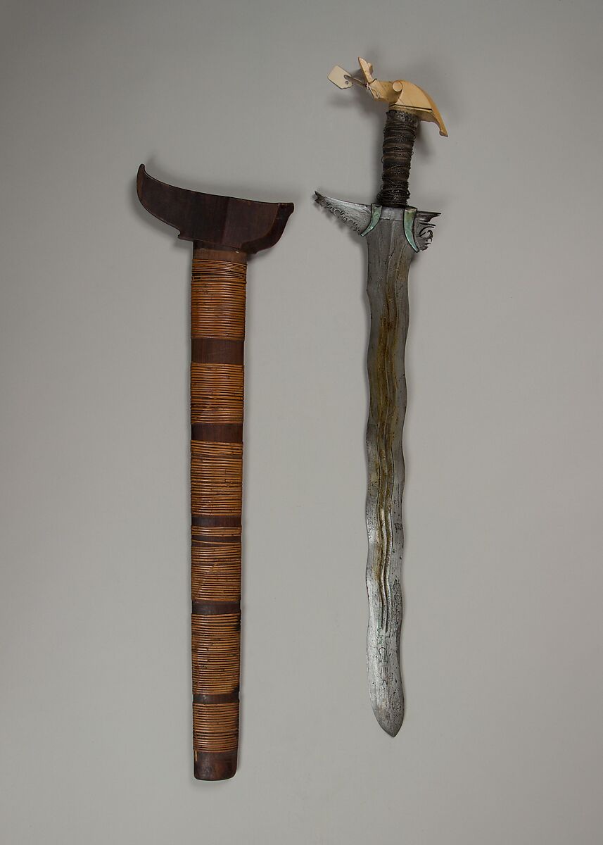 Kris with Sheath, Steel, wood, ivory, silver, cane (rattan), Philippine, Mindanao
