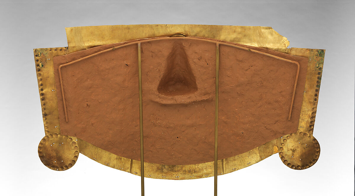 Funerary mask, Lambayeque (Sicán) artist(s), Gold, cinnabar, Lambayeque (Sicán)