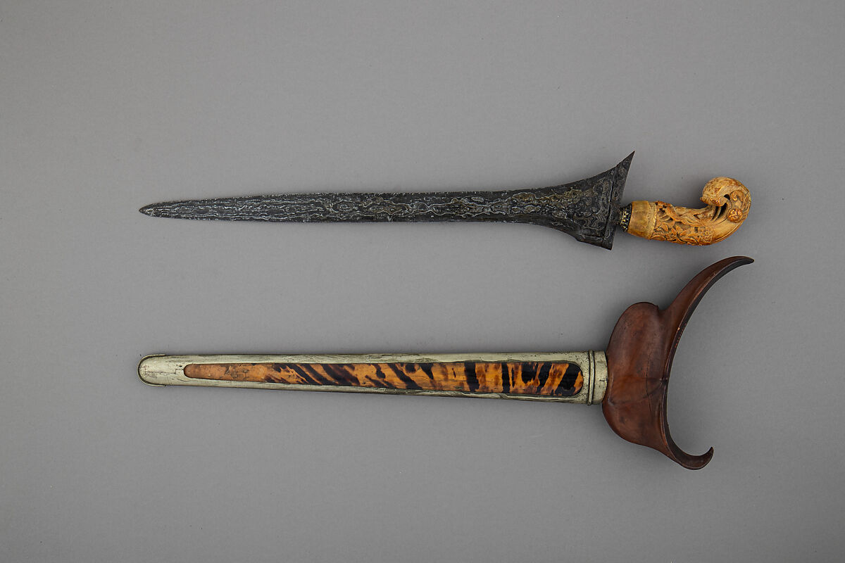 Kris with Sheath, Steel, wood, tortoise shell, ivory, brass, Madurese