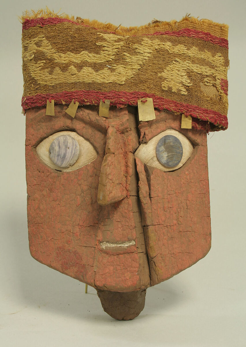Funerary Mask, Wood, paint, gold, cloth, shell, Ica 