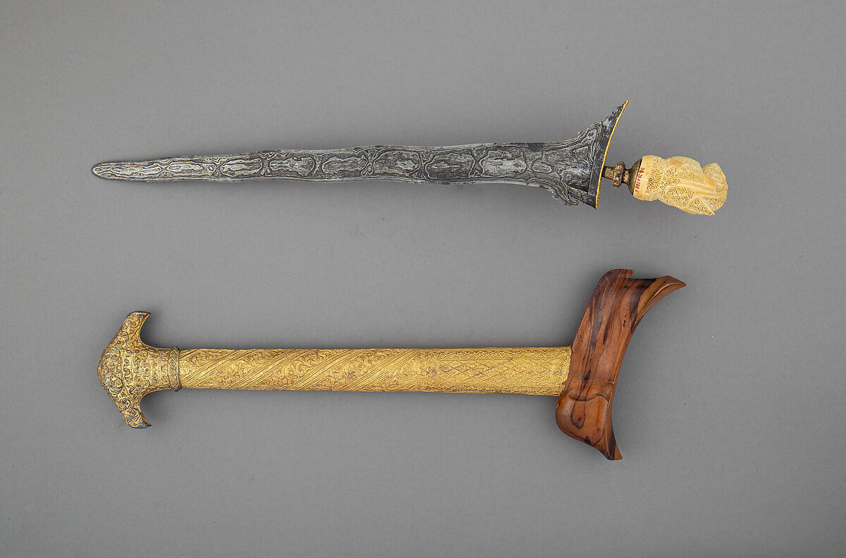 Kris with Sheath, Steel, gold, ivory, wood, possibly diamonds, Bornean
