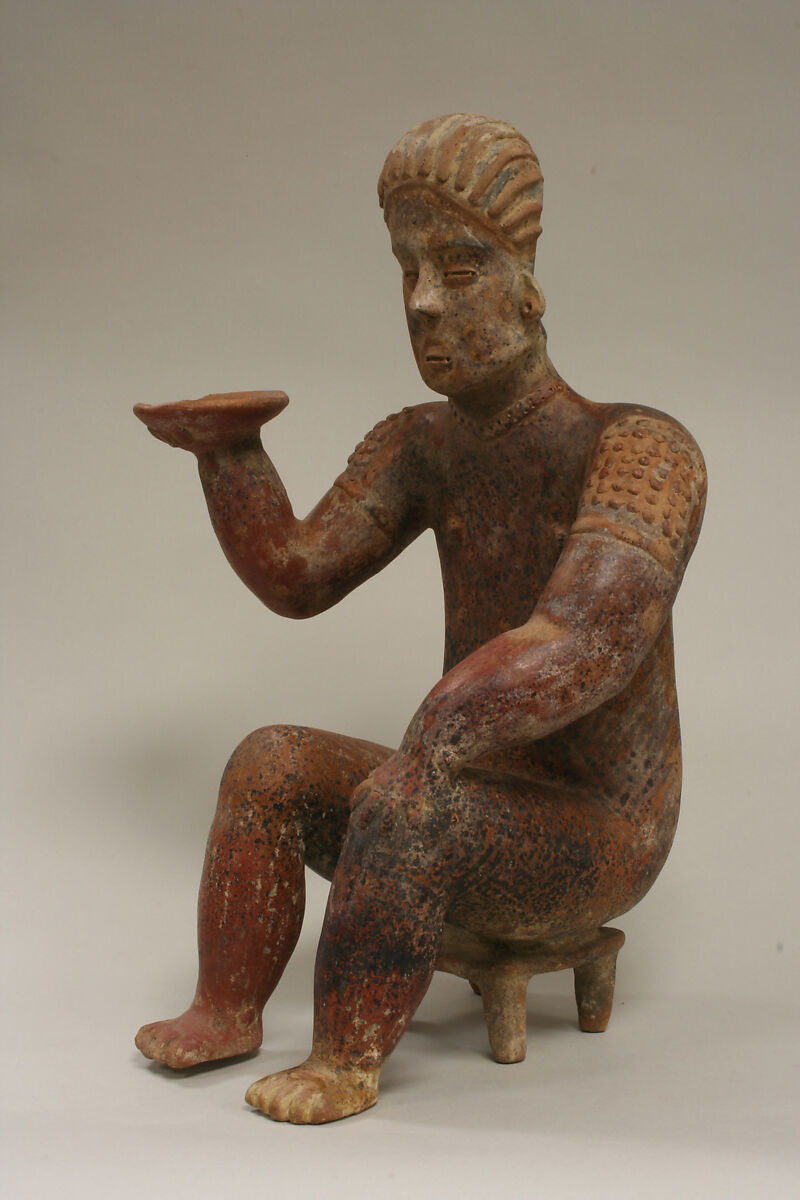Female Figure Seated on Stool, Ceramic, pigment, Colima 