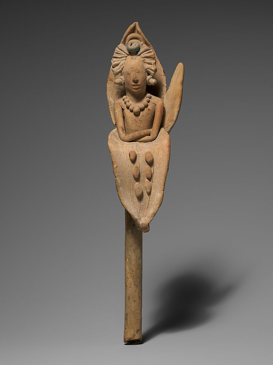 Whistle with the Maize God emerging from a flower, Maya artist(s), Ceramic, Maya blue and hematite pigments, Maya