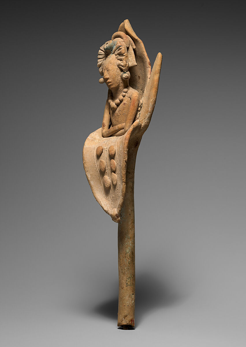 Whistle with the Maize God emerging from a flower, Maya artist(s), Ceramic, Maya blue and hematite pigments, Maya