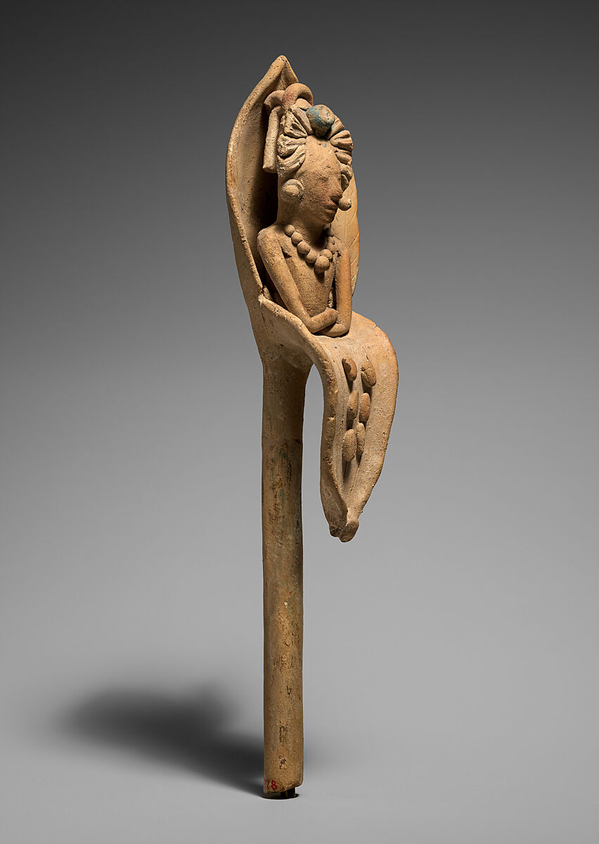Whistle with the Maize God emerging from a flower, Maya artist(s), Ceramic, Maya blue and hematite pigments, Maya