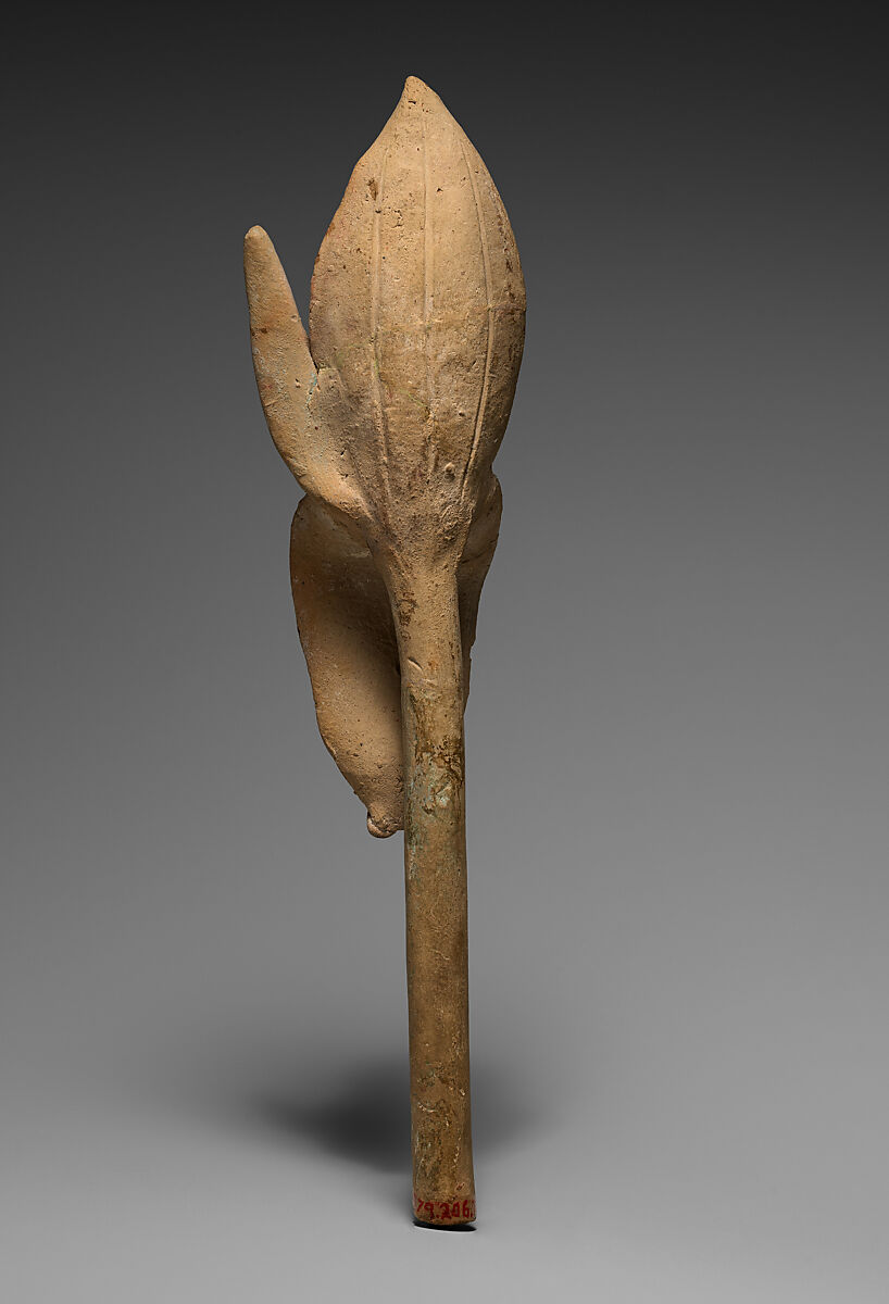 Whistle with the Maize God emerging from a flower, Maya artist(s), Ceramic, Maya blue and hematite pigments, Maya