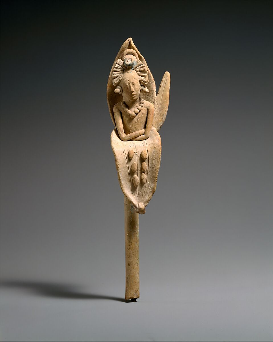 Maize God emerging from a flower, Ceramic, pigment, Maya 