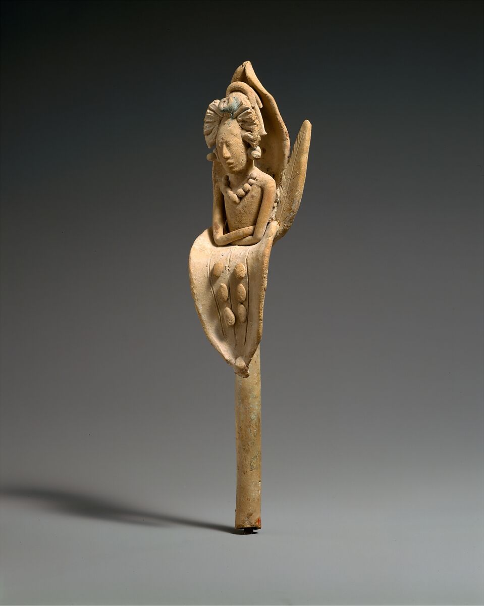 Whistle with the Maize God emerging from a flower, Maya artist(s), Ceramic, Maya blue and hematite pigments, Maya