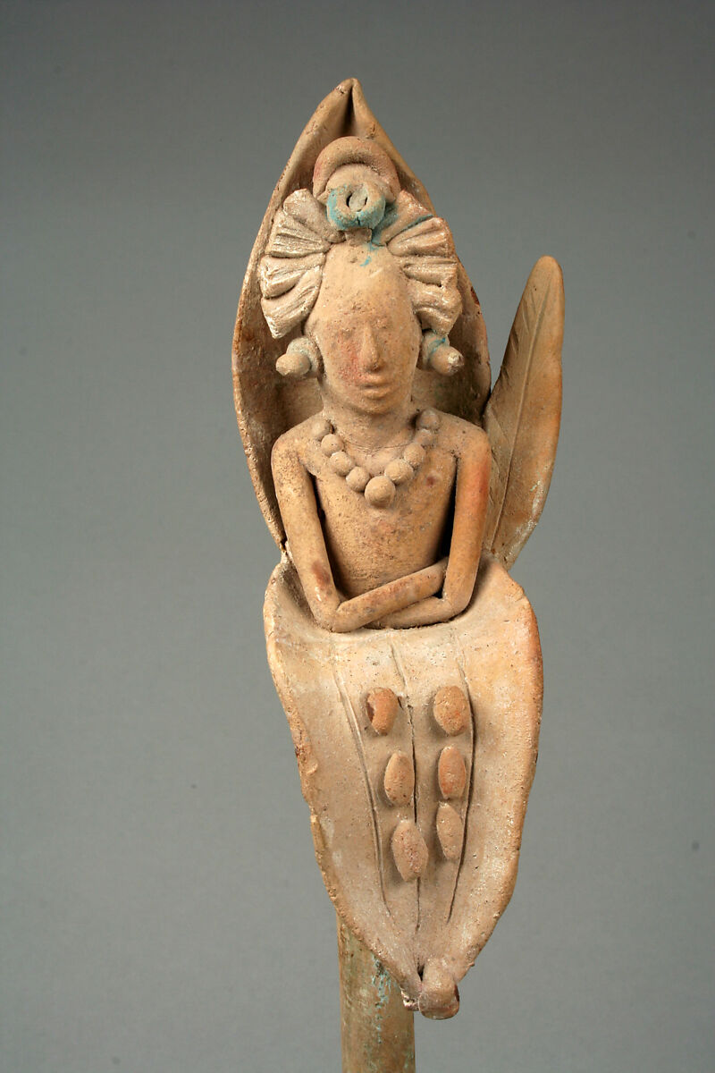 Whistle with the Maize God emerging from a flower, Maya artist(s), Ceramic, Maya blue and hematite pigments, Maya