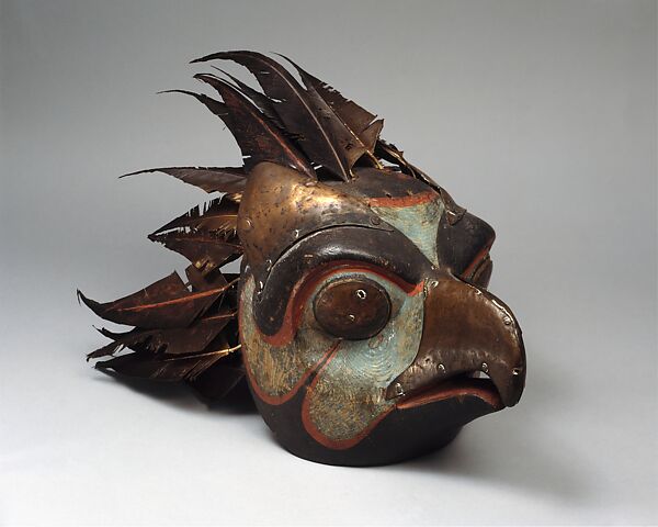 Bird Mask, Wood (cedar), paint, feathers, copper, whalebone, string, iron nails, Haida