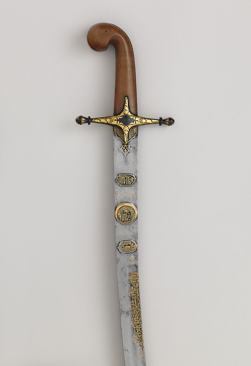 Saber (Kilij) with Scabbard, Steel, gold, horn (rhinoceros), wood, leather, Hilt, Turkish or North African; blade, Iranian