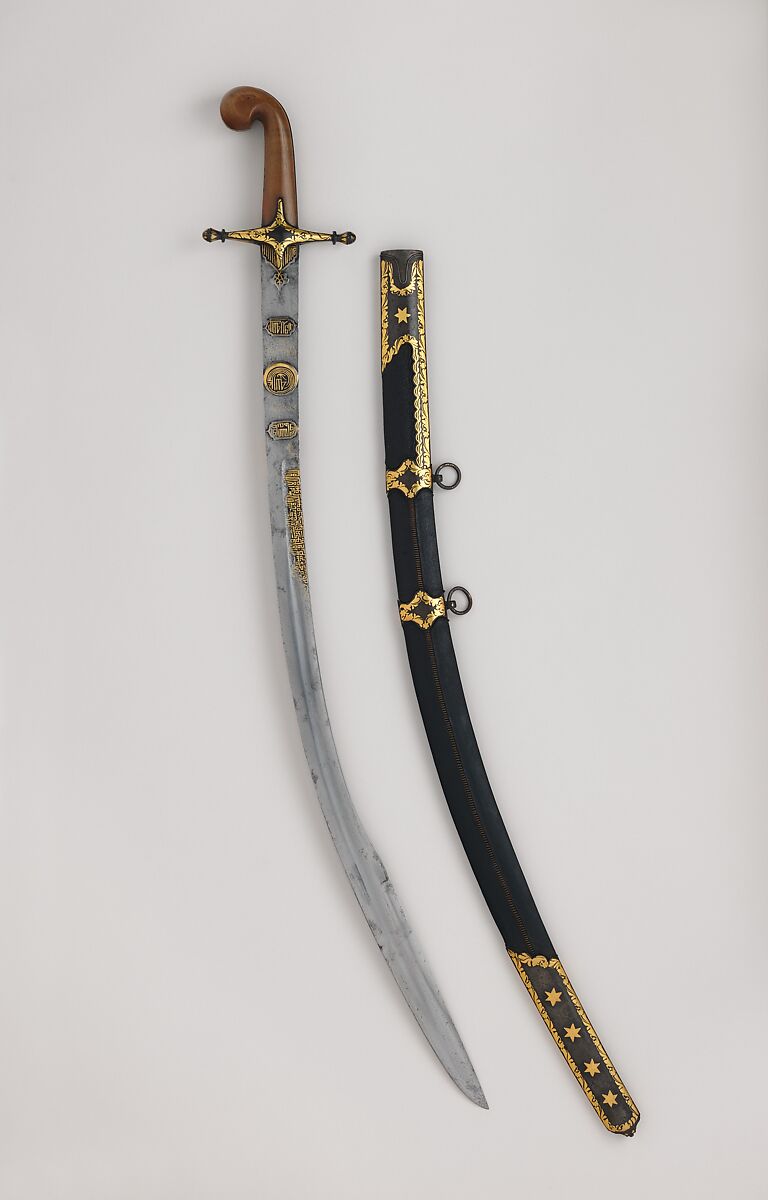 Saber (Kilij) with Scabbard, Steel, gold, horn (rhinoceros), wood, leather, Hilt, Turkish or North African; blade, Iranian 