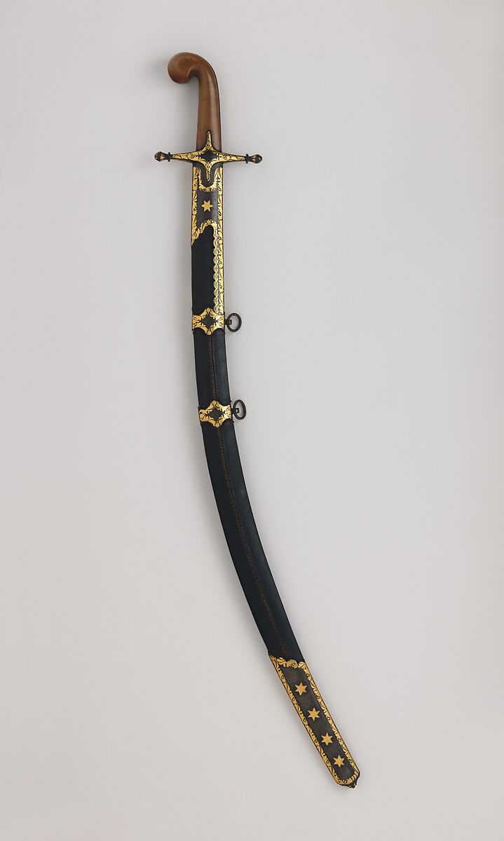 Saber (Kilij) with Scabbard, Steel, gold, horn (rhinoceros), wood, leather, Hilt, Turkish or North African; blade, Iranian