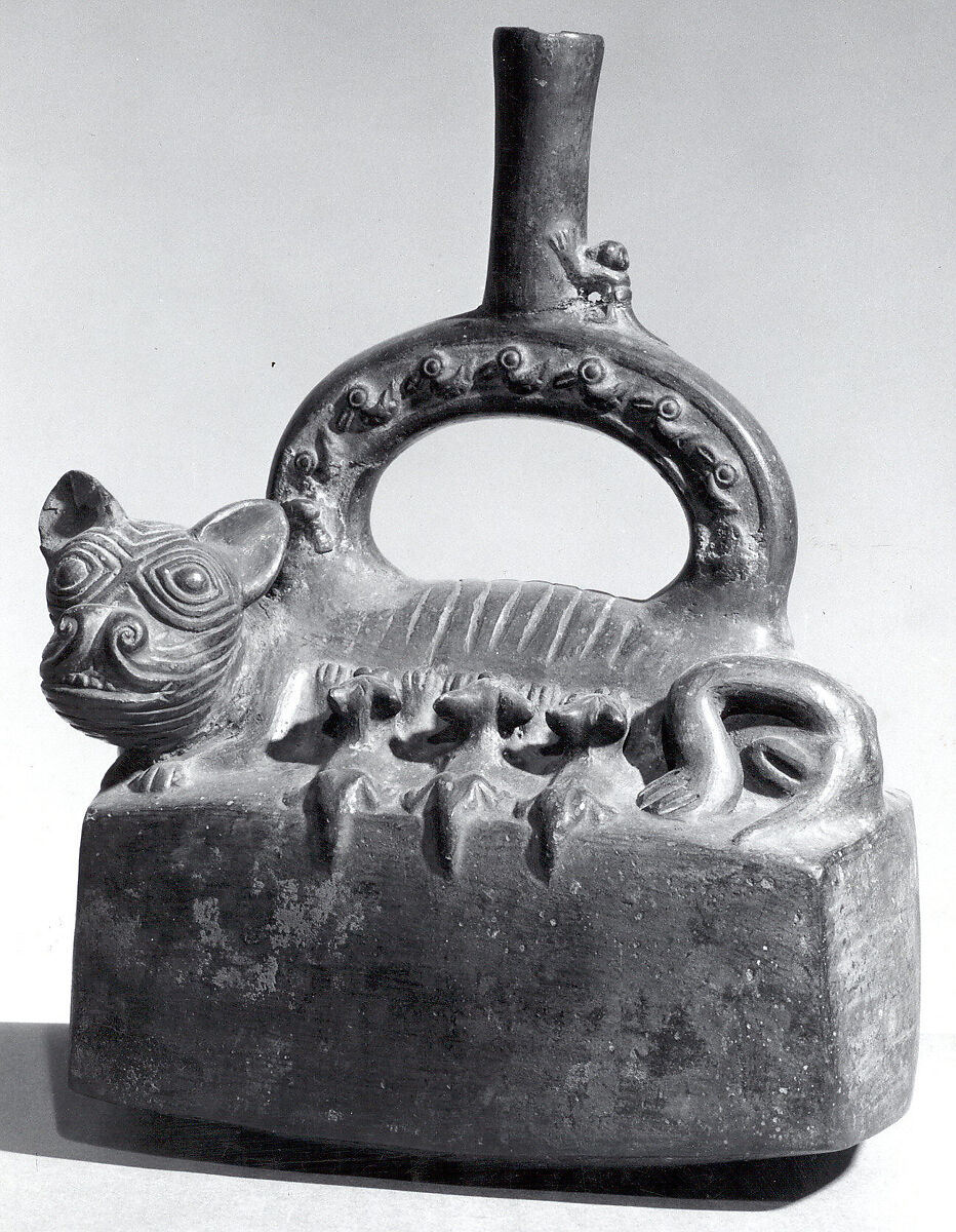 Stirrup Spout Bottle with Suckling Puma, Ceramic, Chimú