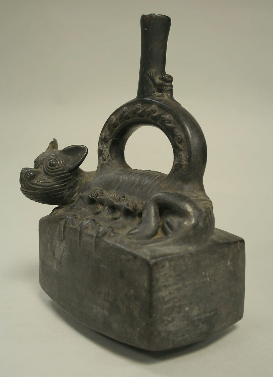 Stirrup Spout Bottle with Suckling Puma, Ceramic, Chimú