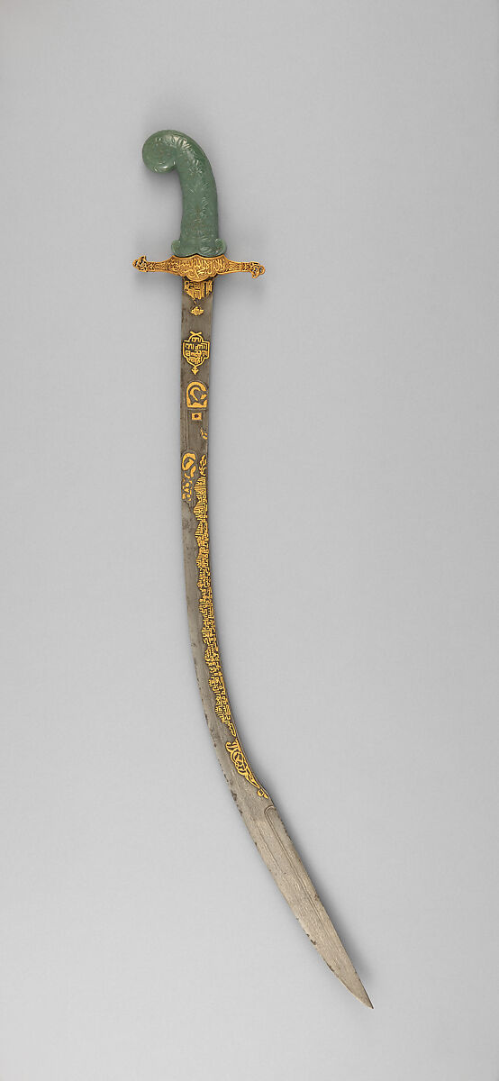Sword (Kilij), Steel, gold, nephrite, ruby, hilt and guard, Turkish; grip, Indian