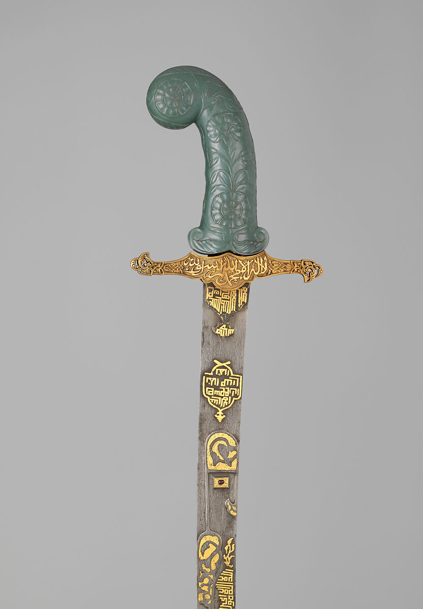 Sword (Kilij), Steel, gold, nephrite, ruby, hilt and guard, Turkish; grip, Indian 